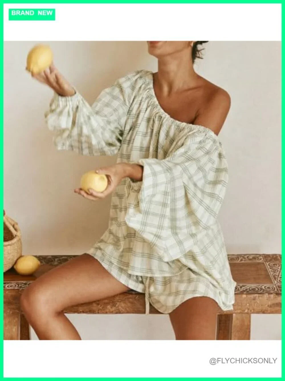 Women Gingham Pajama Set 2 Piece Long Puff Sleeve Babydoll Top Ruffle Plaid